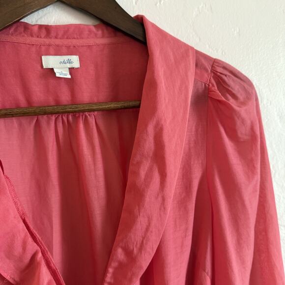 Anthropologie Odille Size 2 Blouse - Pink Wrap Sheer Tie Ruffles Long Sheer - Picture 5 of 12